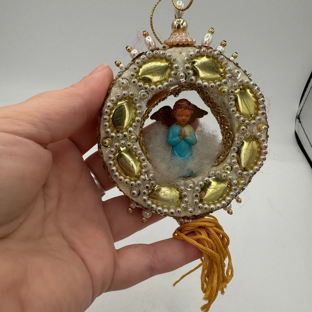 Vintage Handmade Diorama Angel Christmas Ornament Gold Pearl Tassel Mid Century